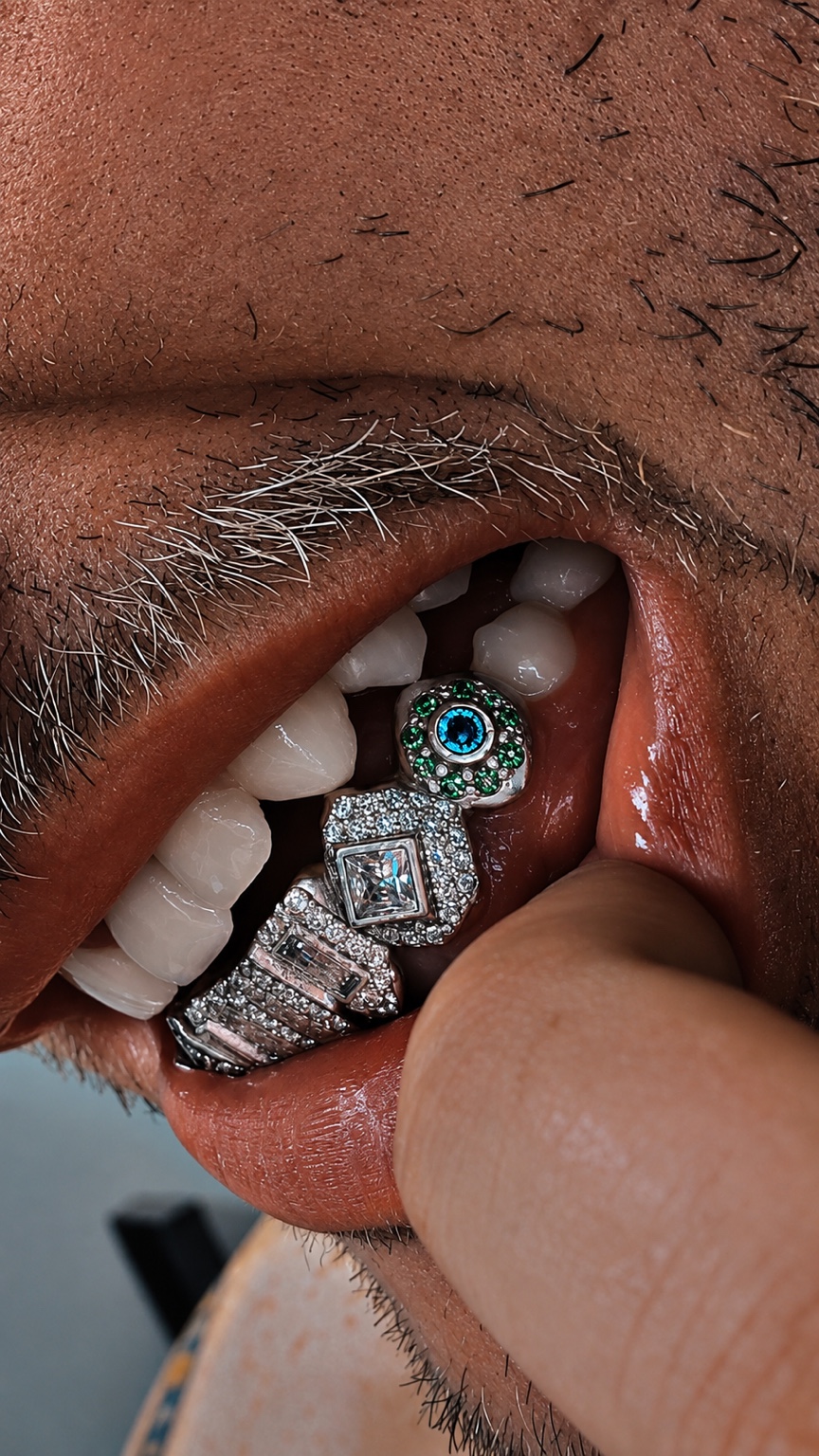 Close side view of custom gemstone grillz made by YZ Jewelers