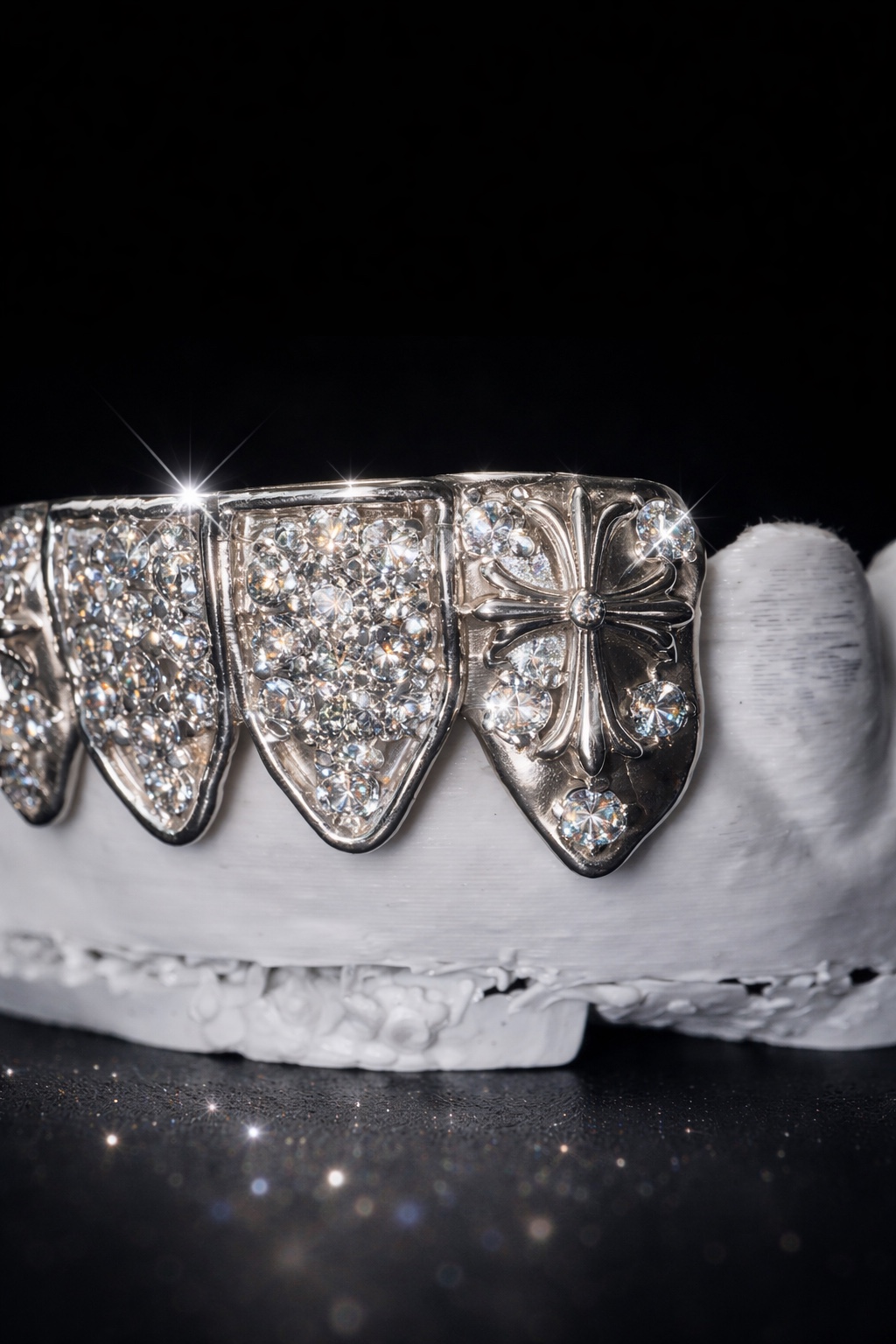 Close-up of iced grillz with polished cross details made by YZ Jewelers