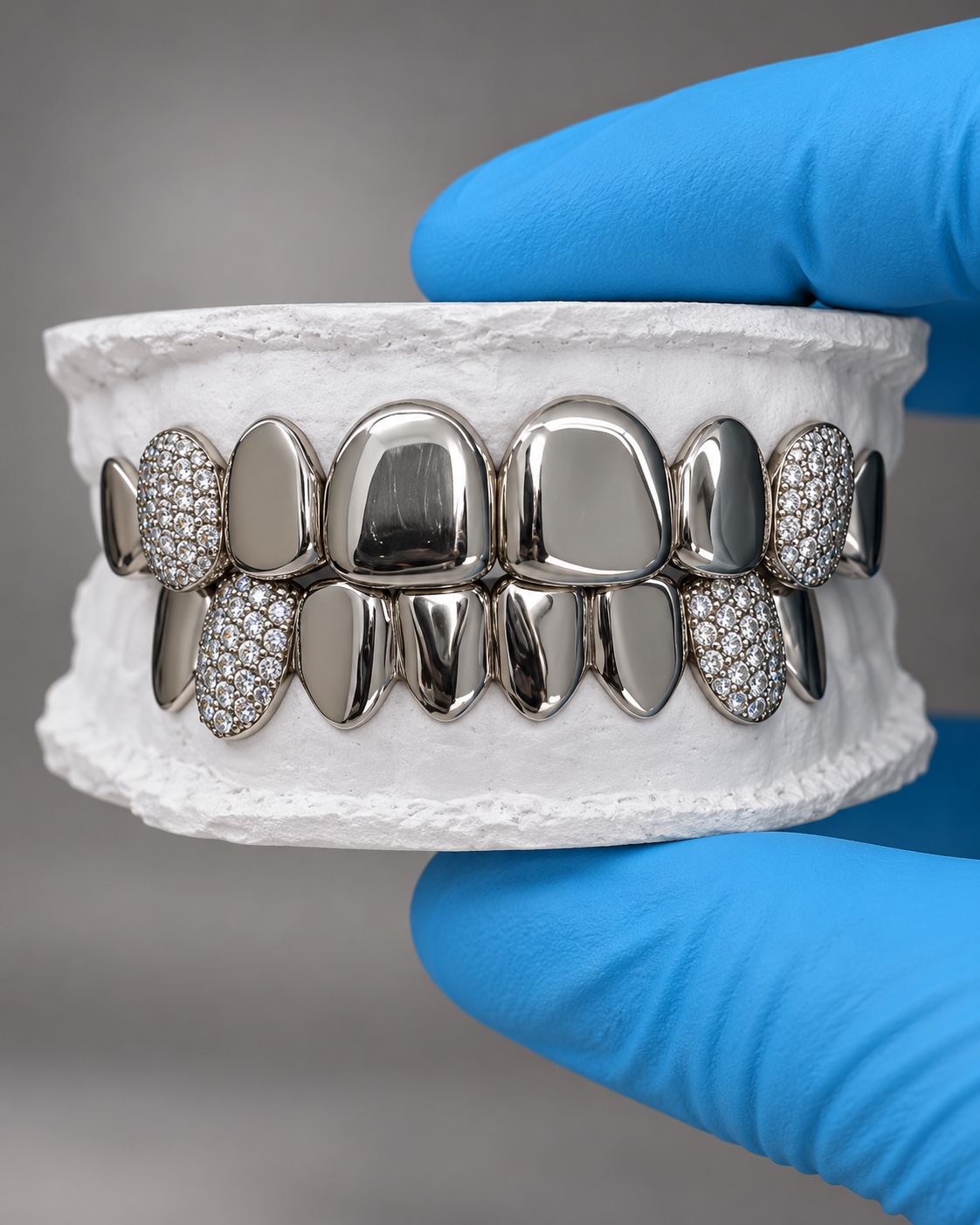 Silver top and bottom custom grillz with iced K9 accents made by YZ Jewelers